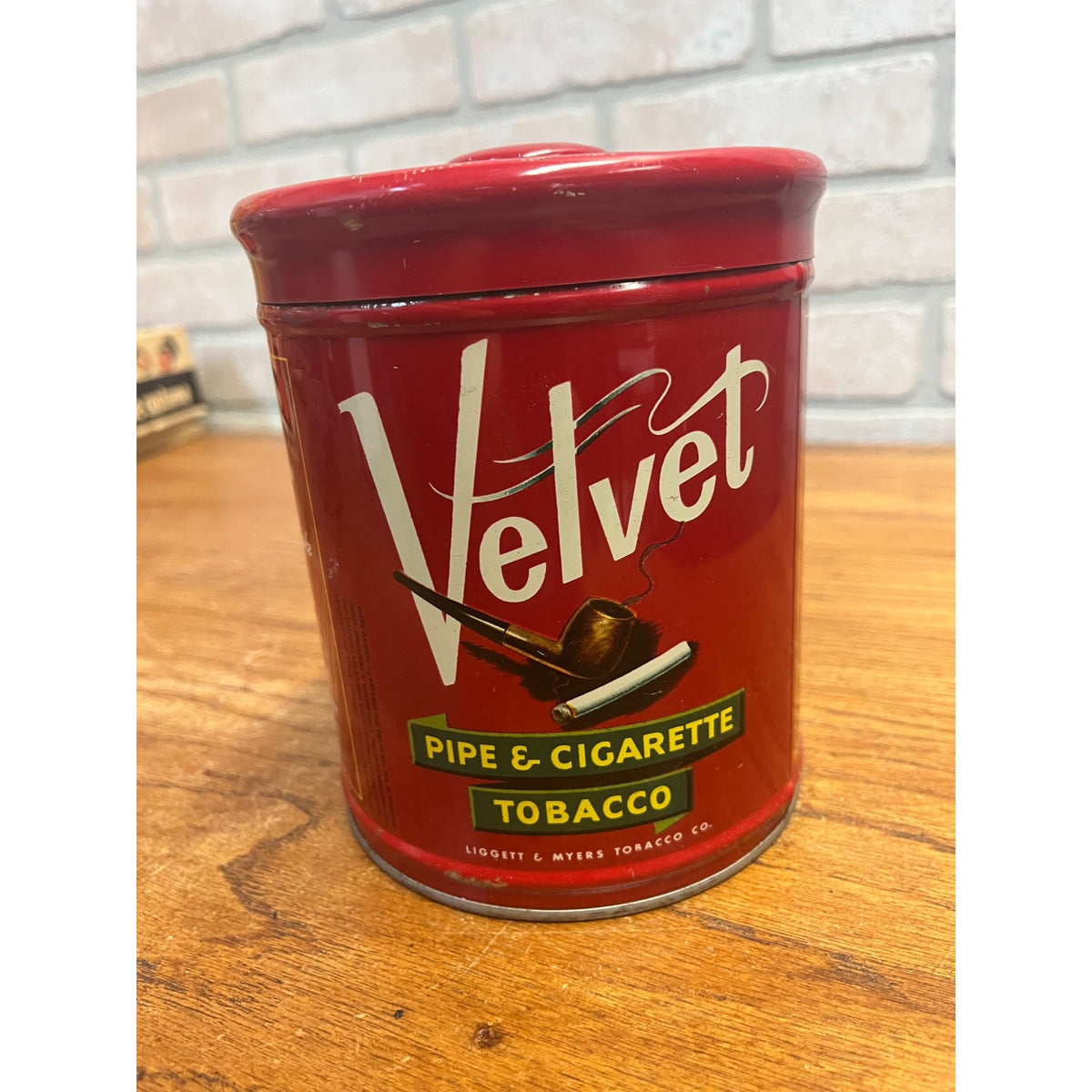 Vintage Velvet Pipe & Cigarette Tobacco Tin Can Red Circa 1950s Smoking Collectible