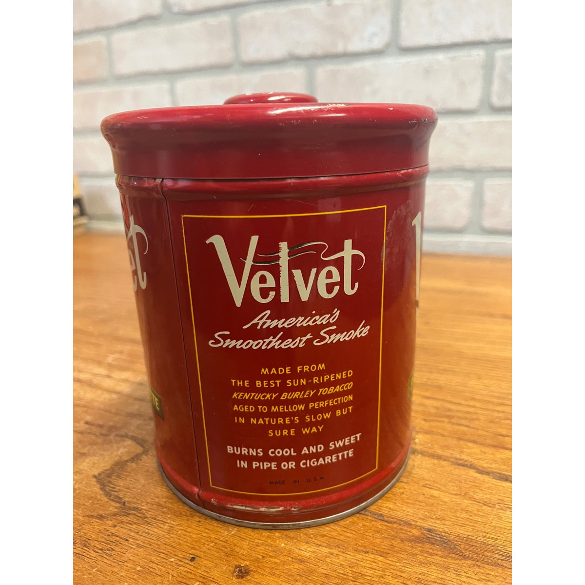 Vintage Velvet Pipe & Cigarette Tobacco Tin Can Red Circa 1950s Smoking Collectible