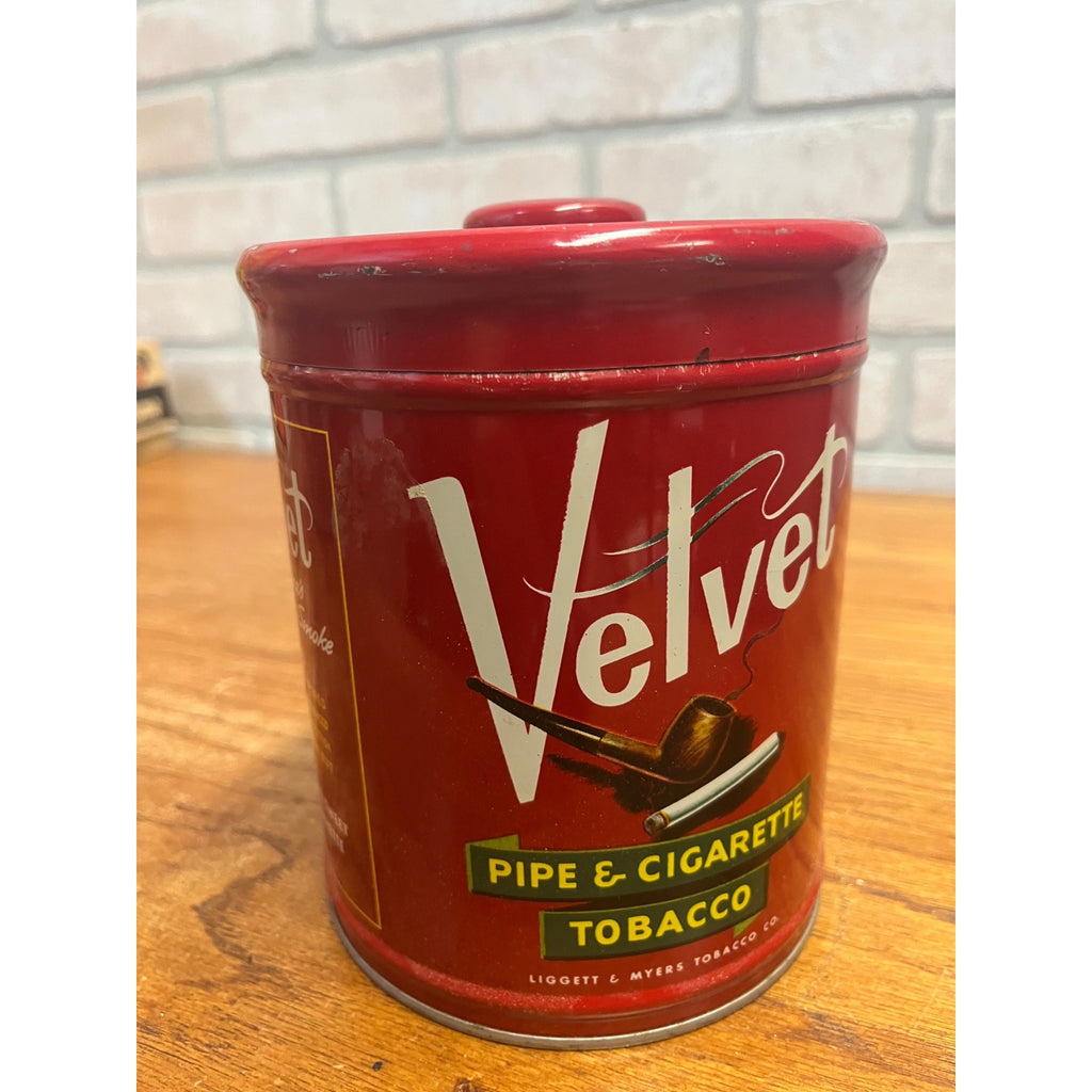 Vintage Velvet Pipe & Cigarette Tobacco Tin Can Red Circa 1950s Smoking Collectible