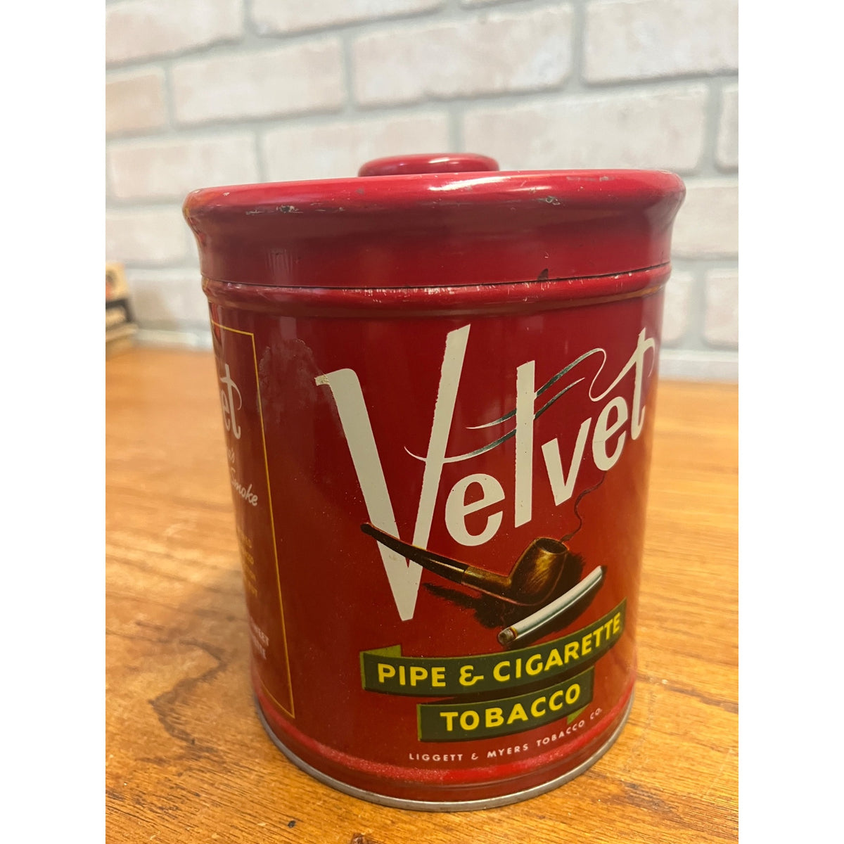 Vintage Velvet Pipe & Cigarette Tobacco Tin Can Red Circa 1950s Smoking Collectible