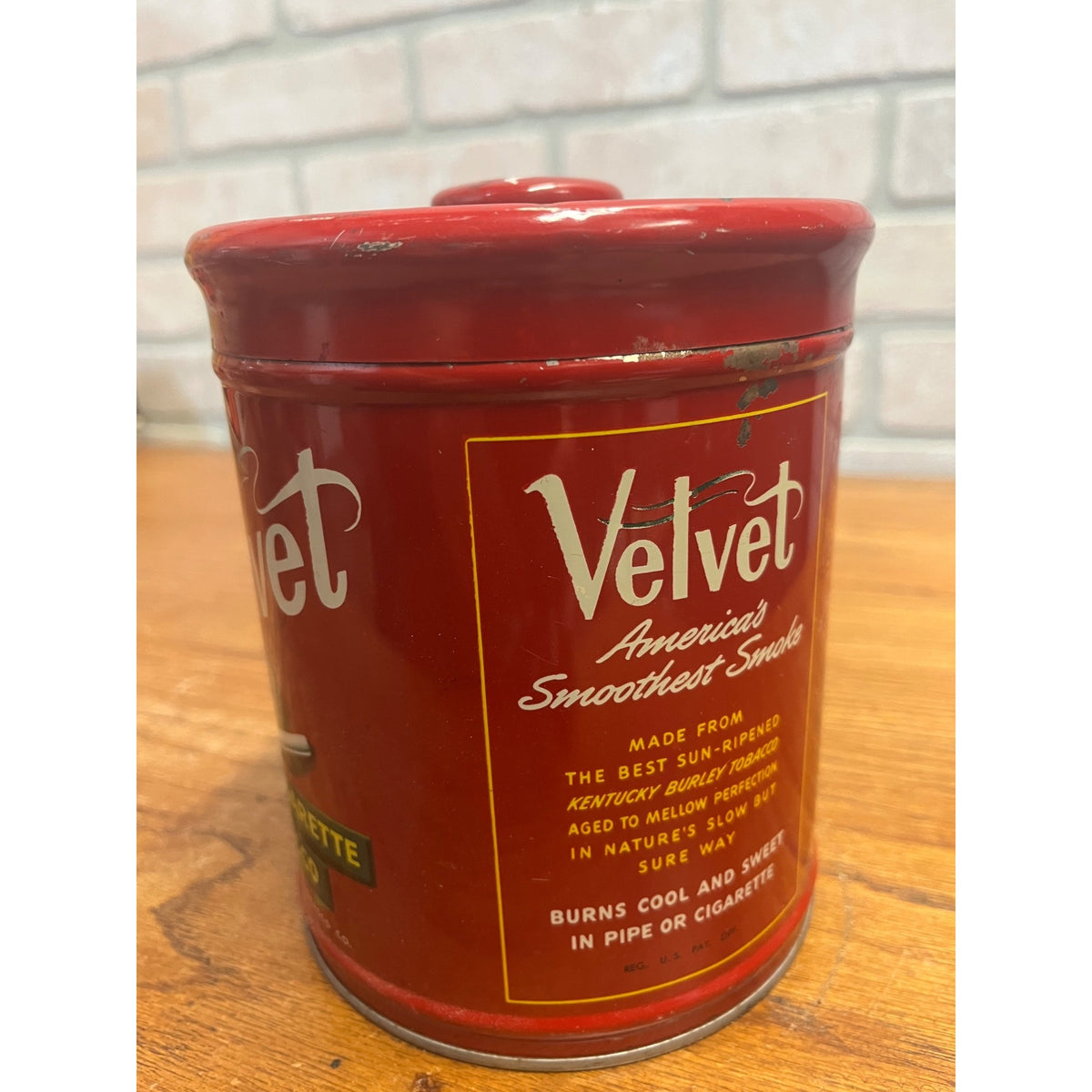 Vintage Velvet Pipe & Cigarette Tobacco Tin Can Red Circa 1950s Smoking Collectible