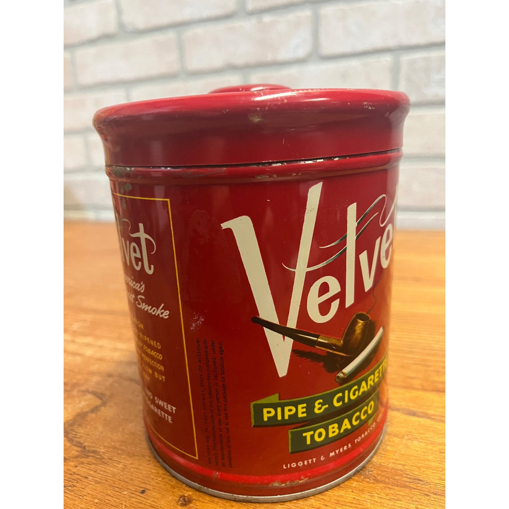 Vintage Velvet Pipe & Cigarette Tobacco Tin Can Red Circa 1950s Smoking Collectible