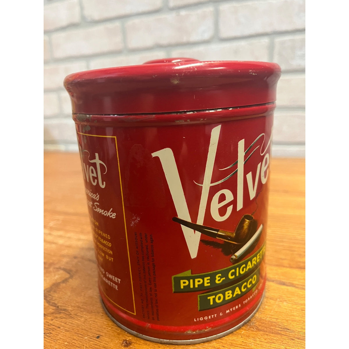 Vintage Velvet Pipe & Cigarette Tobacco Tin Can Red Circa 1950s Smoking Collectible
