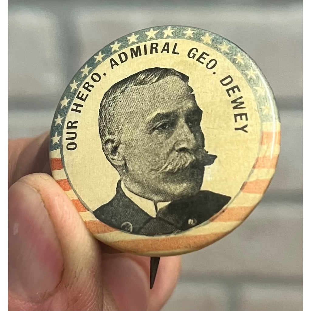 Our Hero ADMIRAL GEO. DEWEY Spanish American War Pin w/ Backpaper Span -Am 1898
