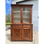 Antique Walnut 2pc Kitchen Hutch Cabinet Stepback Pantry Farmhouse Cupboard