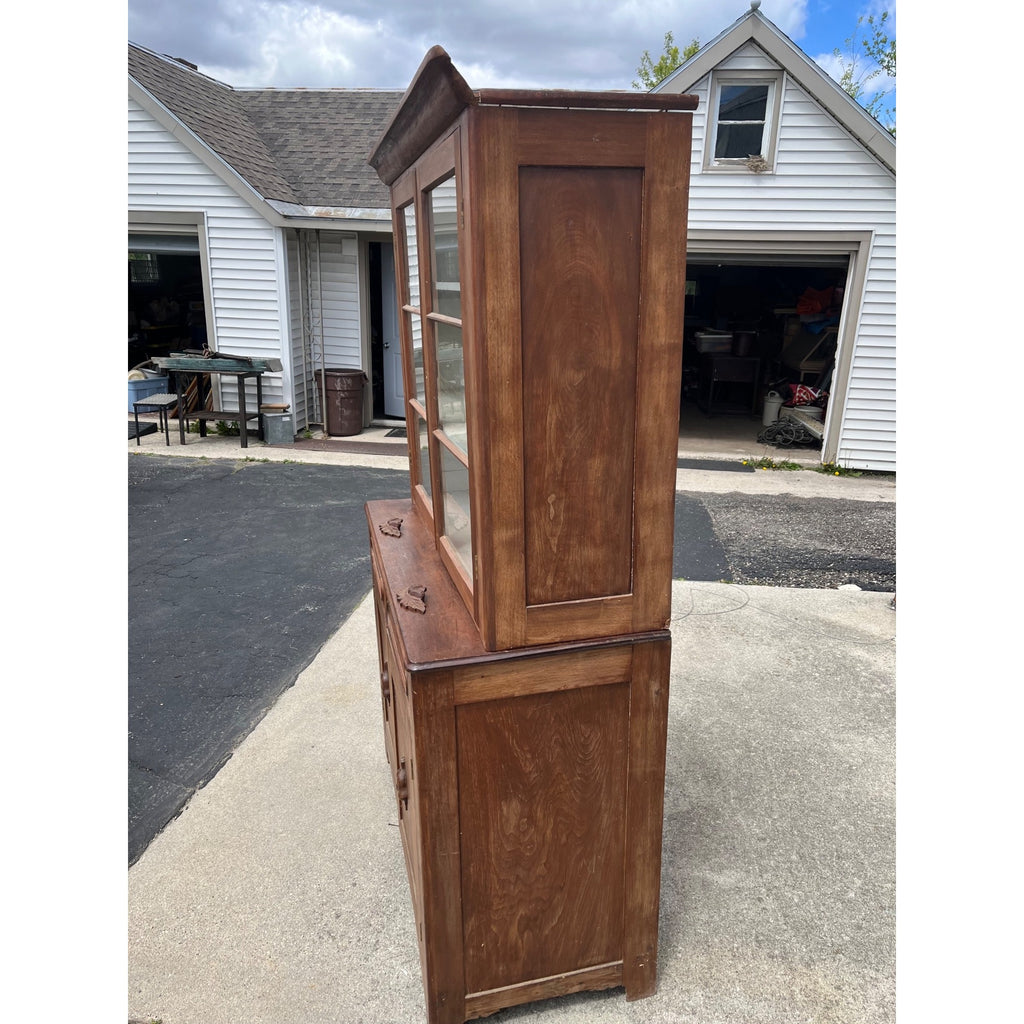 Antique Walnut 2pc Kitchen Hutch Cabinet Stepback Pantry Farmhouse Cupboard