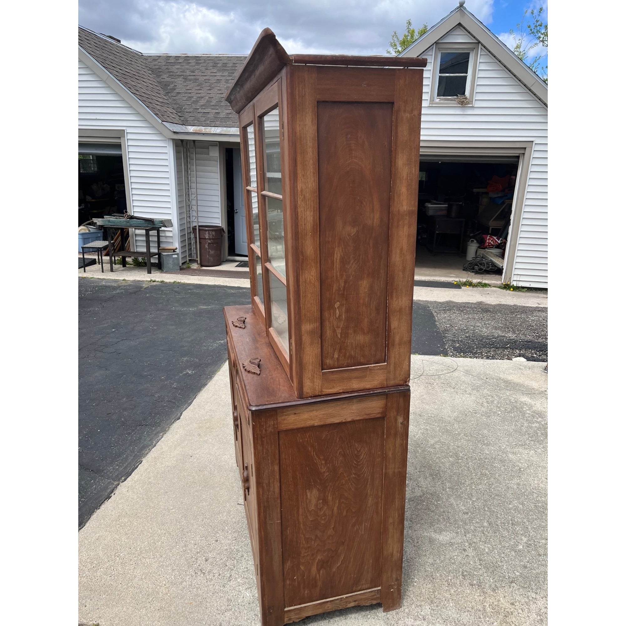 Antique Walnut 2pc Kitchen Hutch Cabinet Stepback Pantry Farmhouse Cupboard