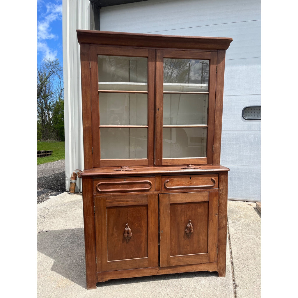 Antique Walnut 2pc Kitchen Hutch Cabinet Stepback Pantry Farmhouse Cupboard
