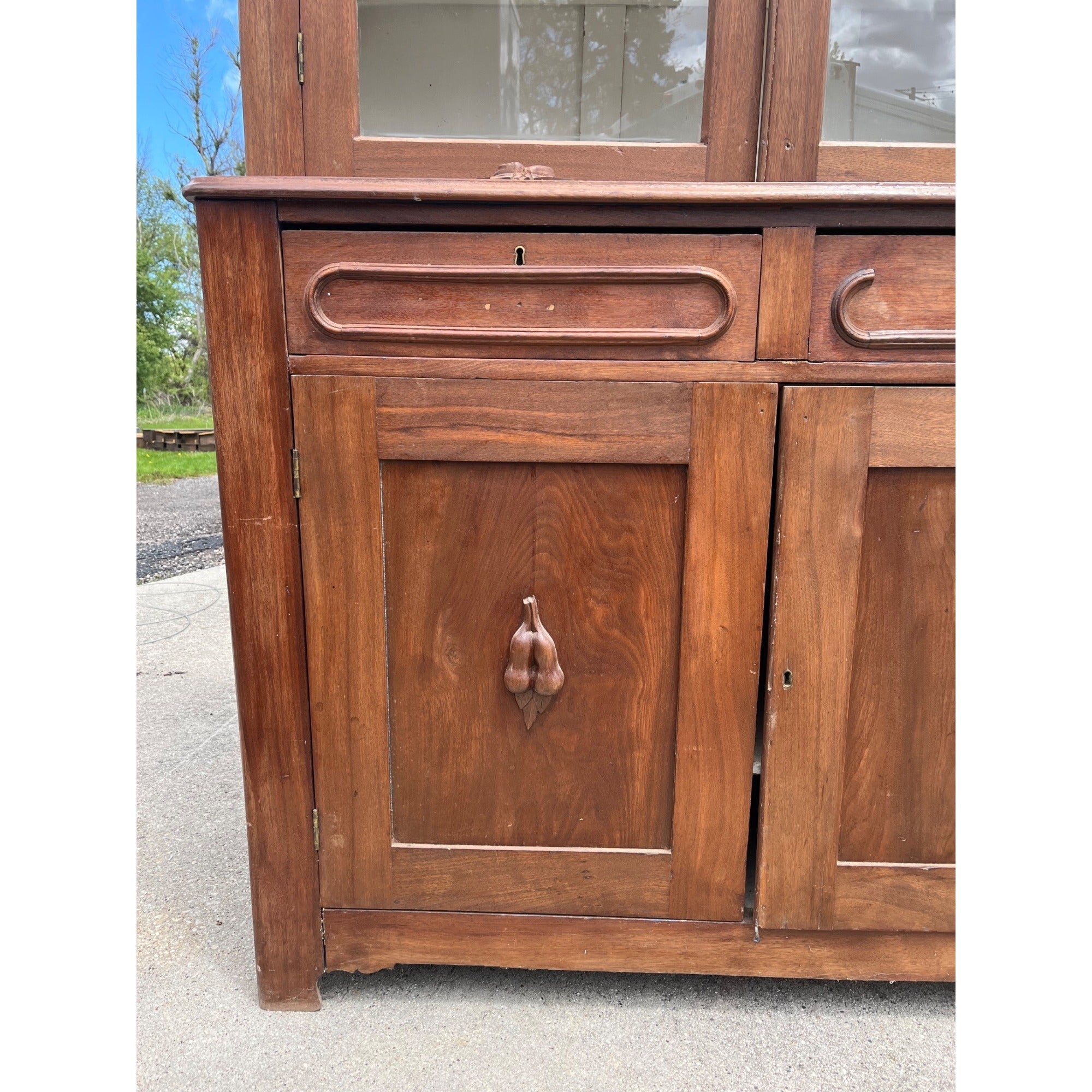 Antique Walnut 2pc Kitchen Hutch Cabinet Stepback Pantry Farmhouse Cupboard