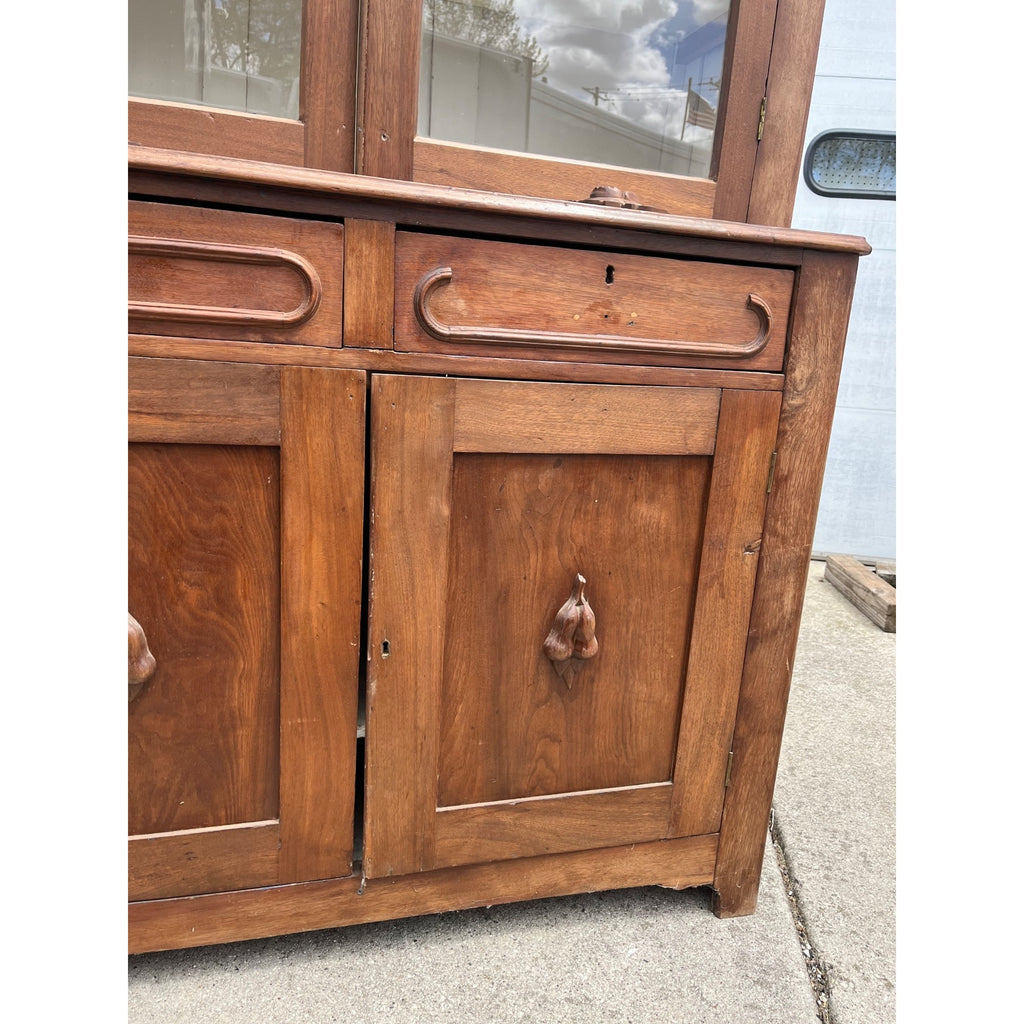 Antique Walnut 2pc Kitchen Hutch Cabinet Stepback Pantry Farmhouse Cupboard