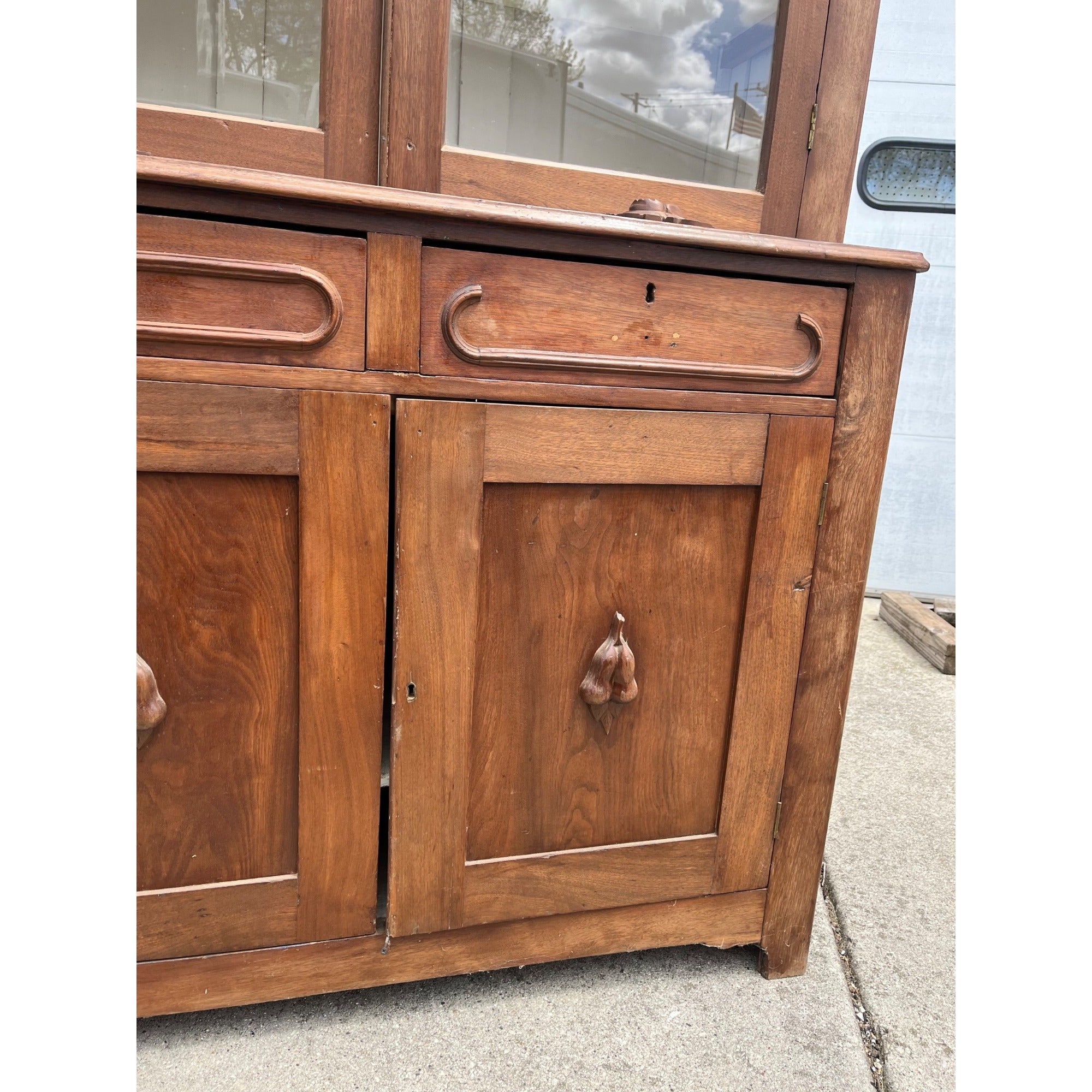 Antique Walnut 2pc Kitchen Hutch Cabinet Stepback Pantry Farmhouse Cupboard