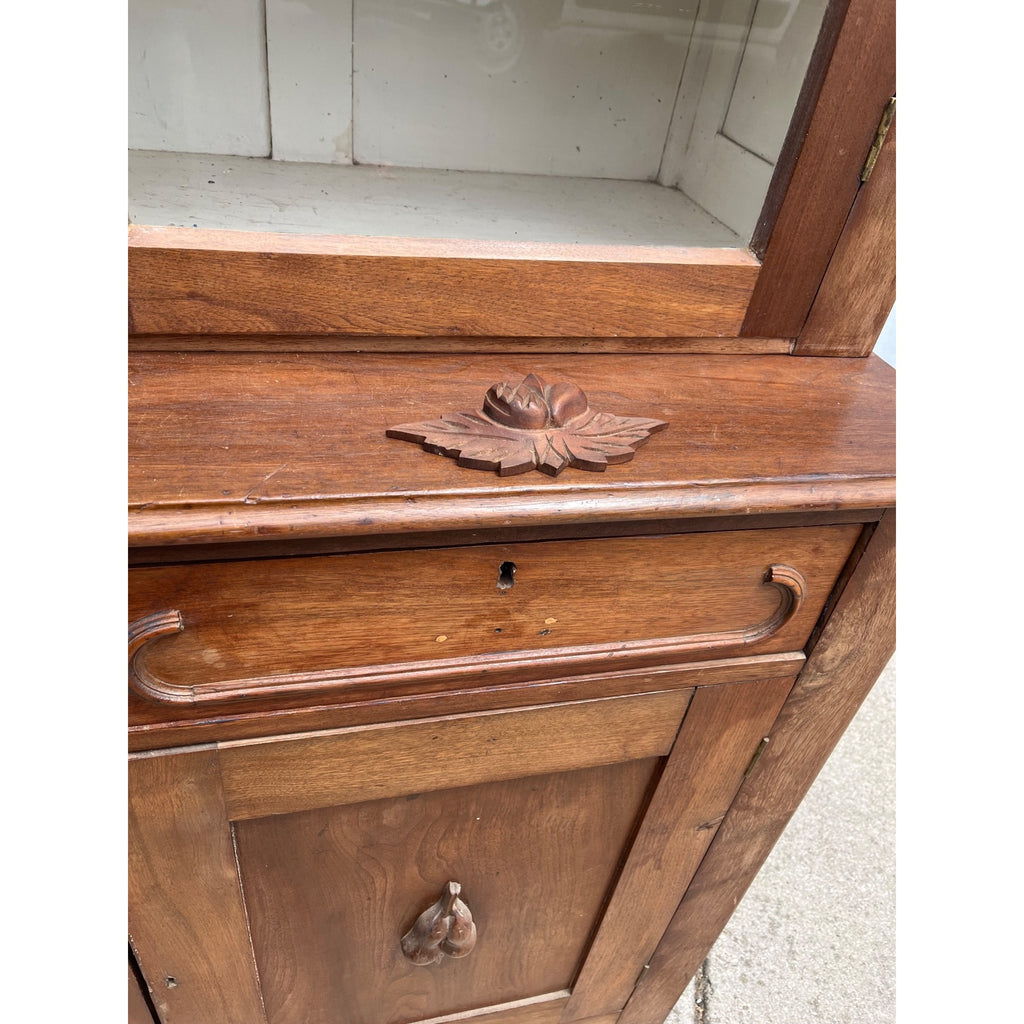 Antique Walnut 2pc Kitchen Hutch Cabinet Stepback Pantry Farmhouse Cupboard