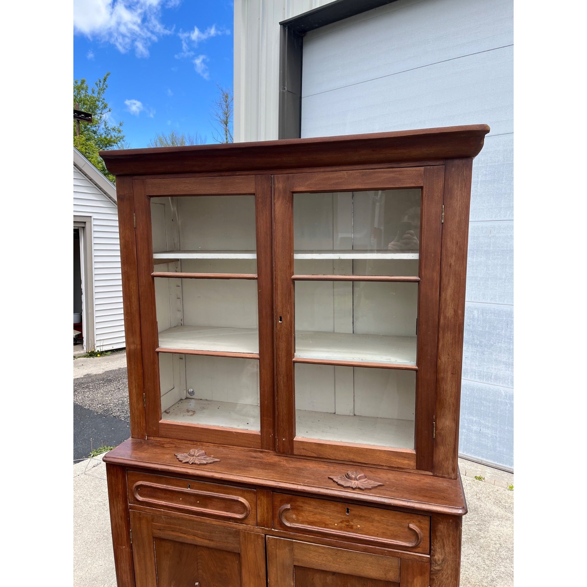 Antique Walnut 2pc Kitchen Hutch Cabinet Stepback Pantry Farmhouse Cupboard