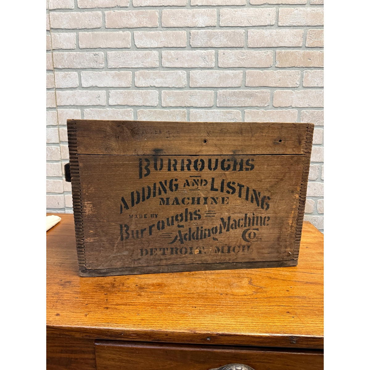 Vintage Rustic Burroughs Adding and Listing Adding Machine Co. Dovetailed Wooden Crate Detroit, Michigan