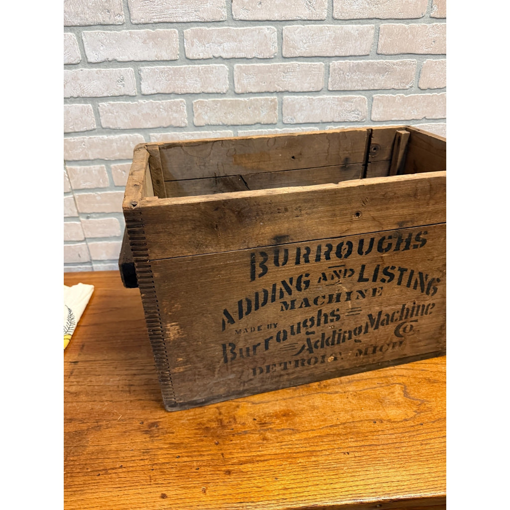 Vintage Rustic Burroughs Adding and Listing Adding Machine Co. Dovetailed Wooden Crate Detroit, Michigan