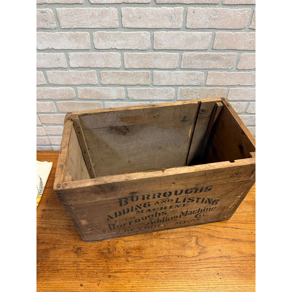 Vintage Rustic Burroughs Adding and Listing Adding Machine Co. Dovetailed Wooden Crate Detroit, Michigan