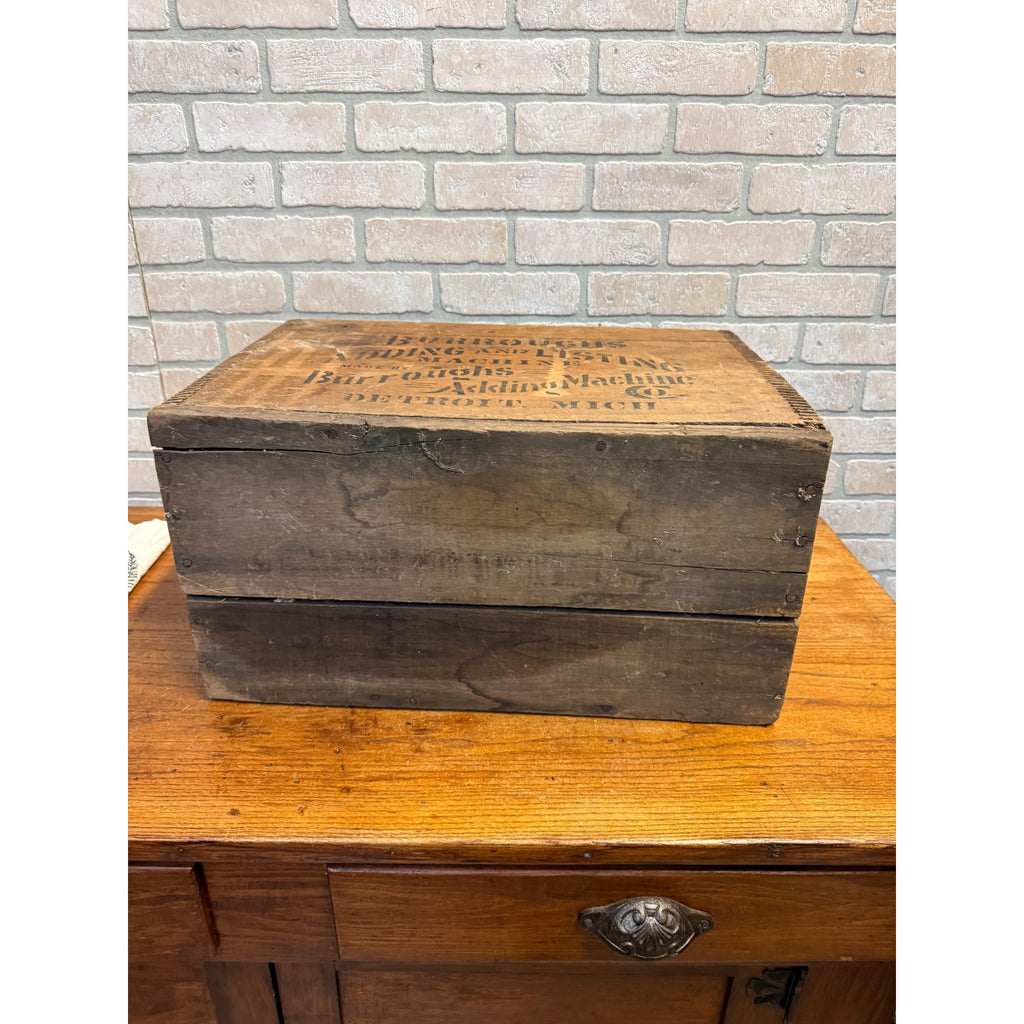 Vintage Rustic Burroughs Adding and Listing Adding Machine Co. Dovetailed Wooden Crate Detroit, Michigan