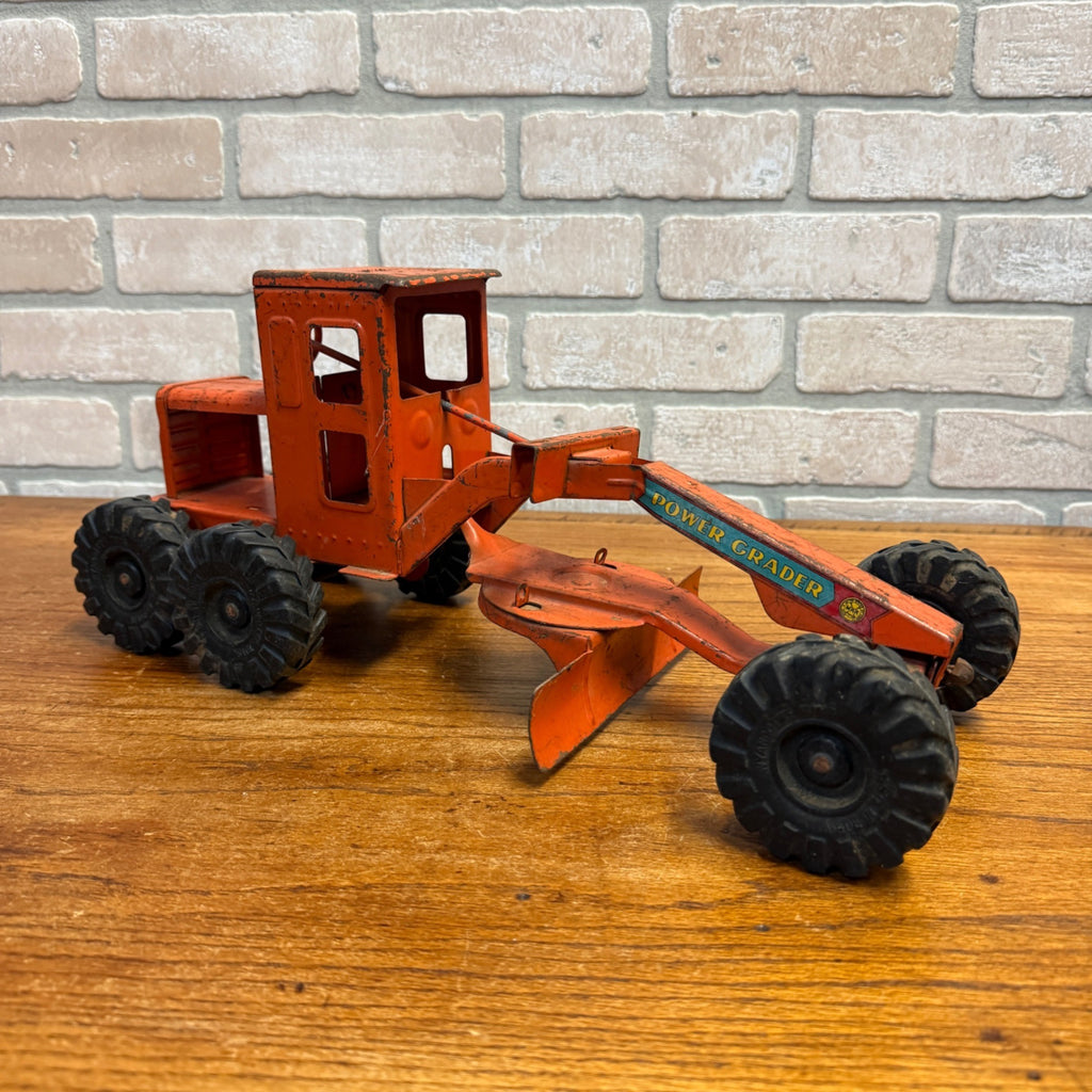 Vintage 1940s Marx Power Grader Orange Construction Pressed Steel Toy