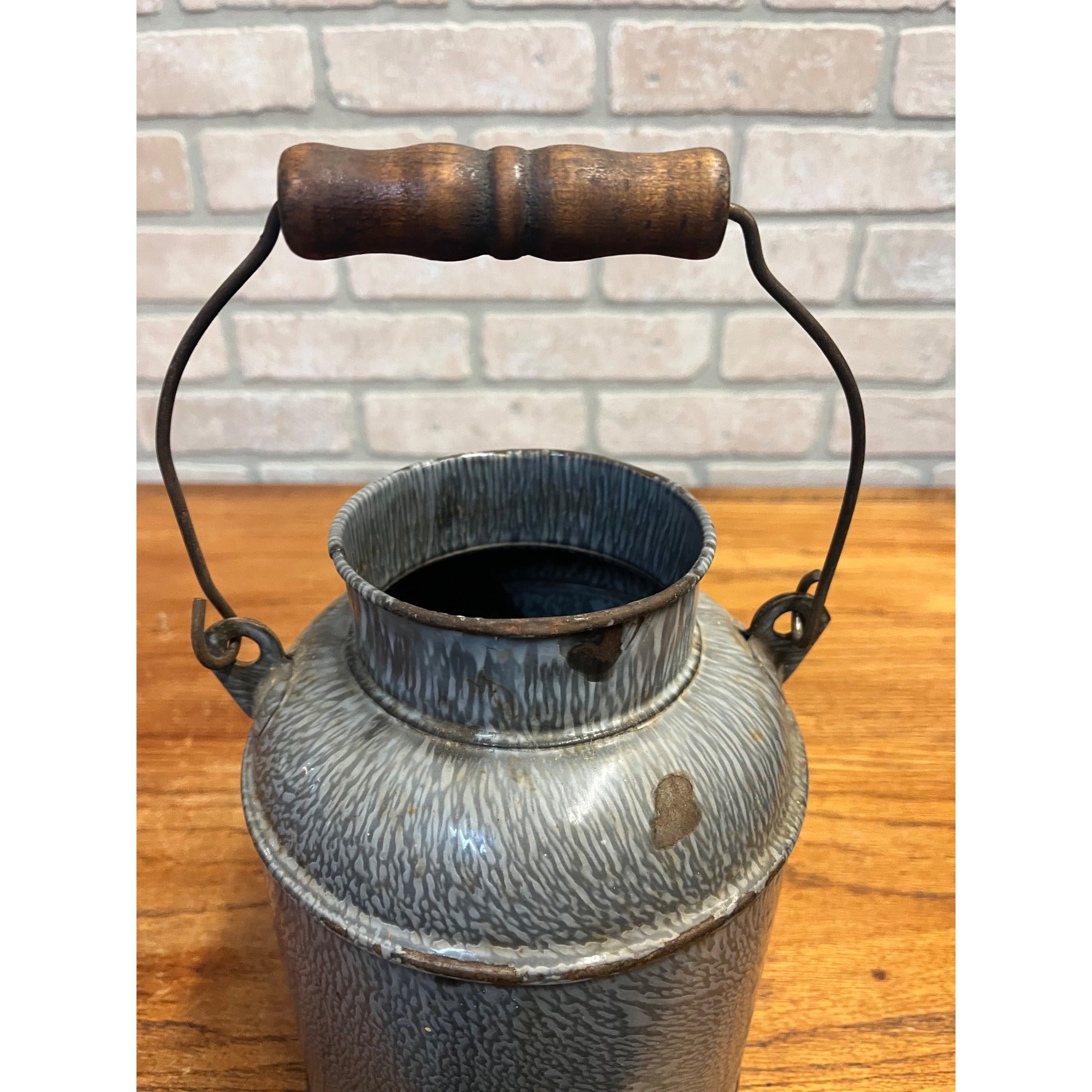 Antique Primitive Grey Graniteware Enamelware Cream Milk Can Pail Farmhouse Kitchen Decor