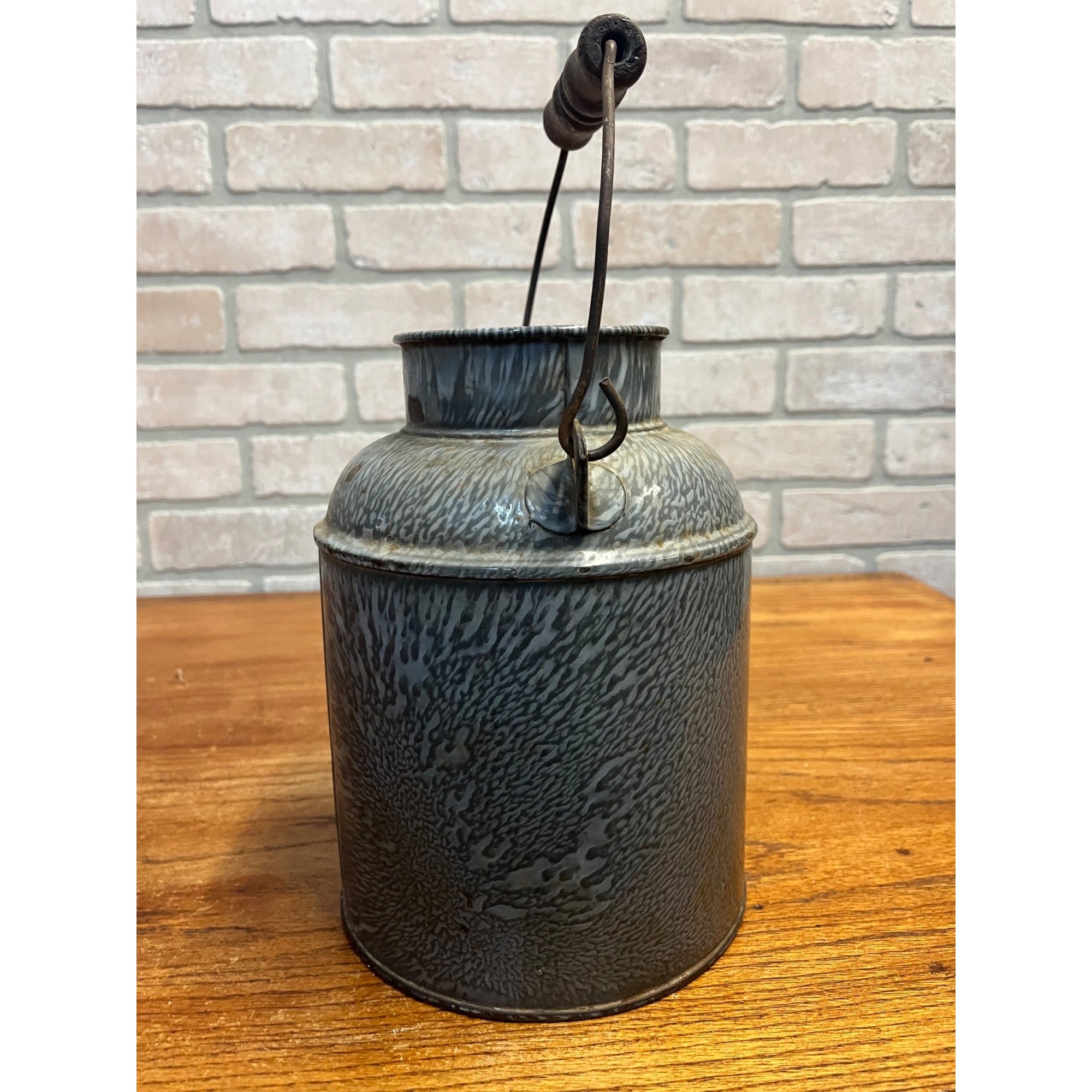 Antique Primitive Grey Graniteware Enamelware Cream Milk Can Pail Farmhouse Kitchen Decor