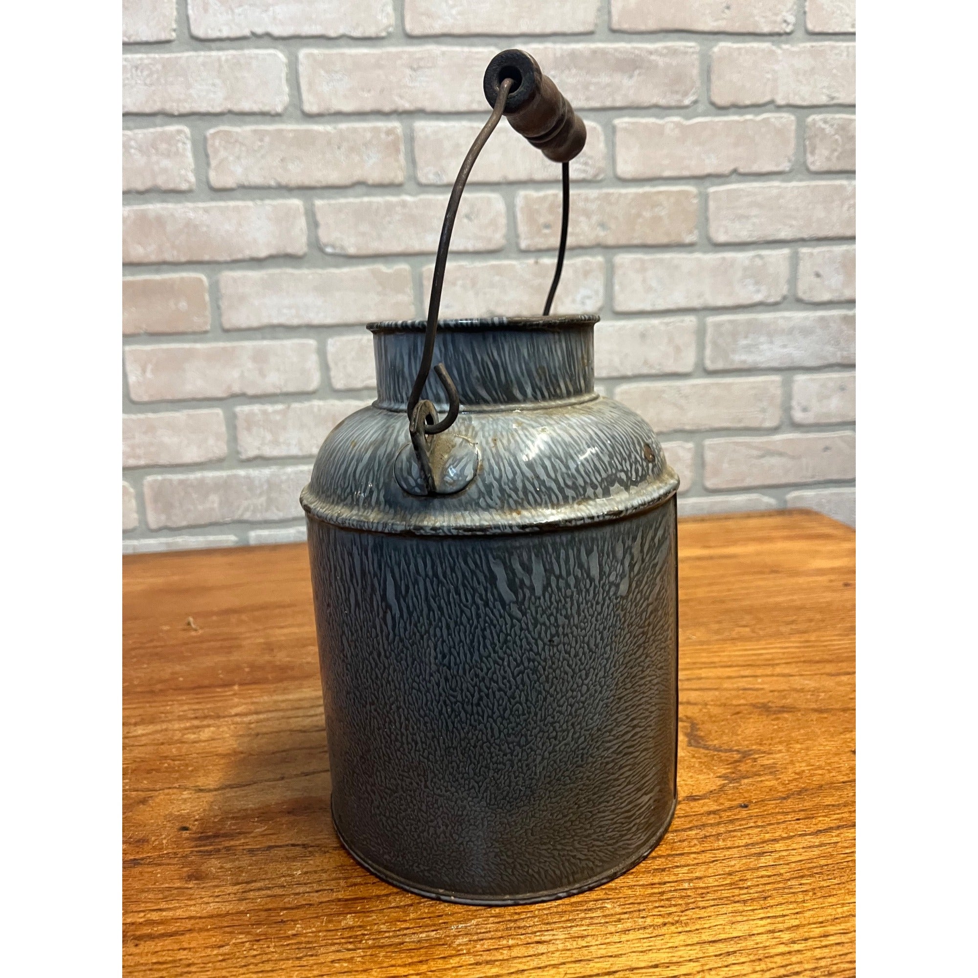 Antique Primitive Grey Graniteware Enamelware Cream Milk Can Pail Farmhouse Kitchen Decor