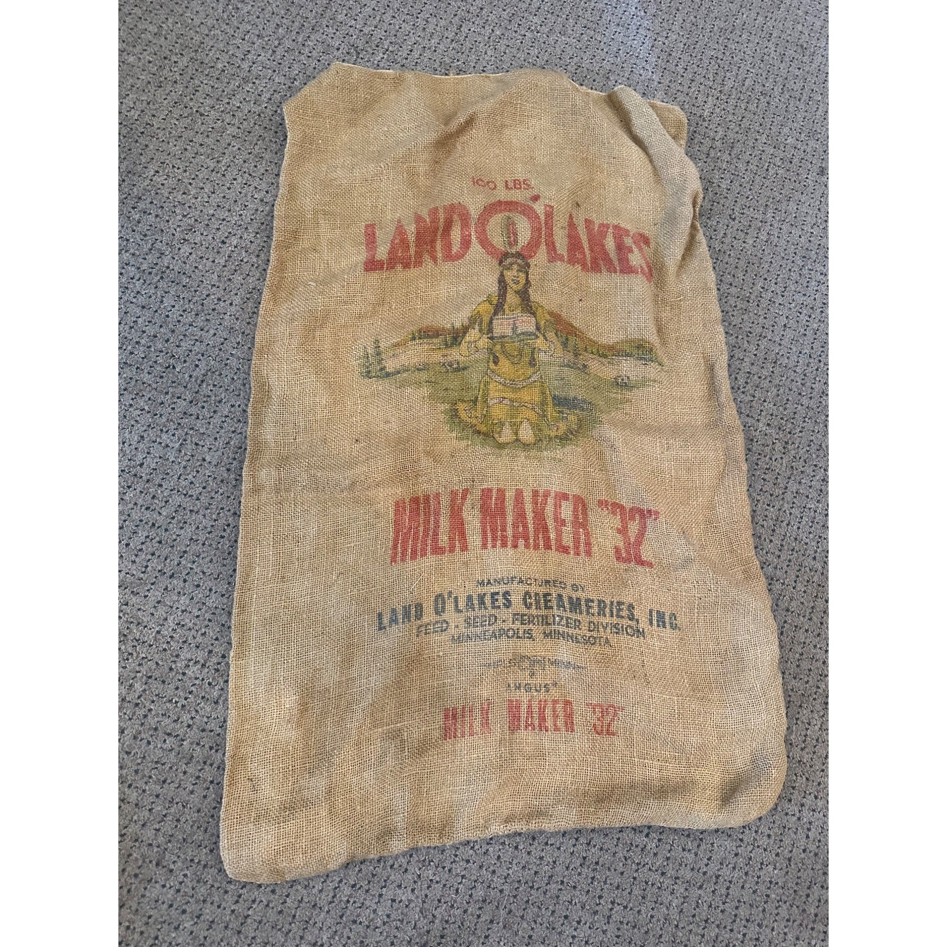Vintage Land O Lakes Milk Maker Burlap Farm Feed Bag Sack Advertising Indian