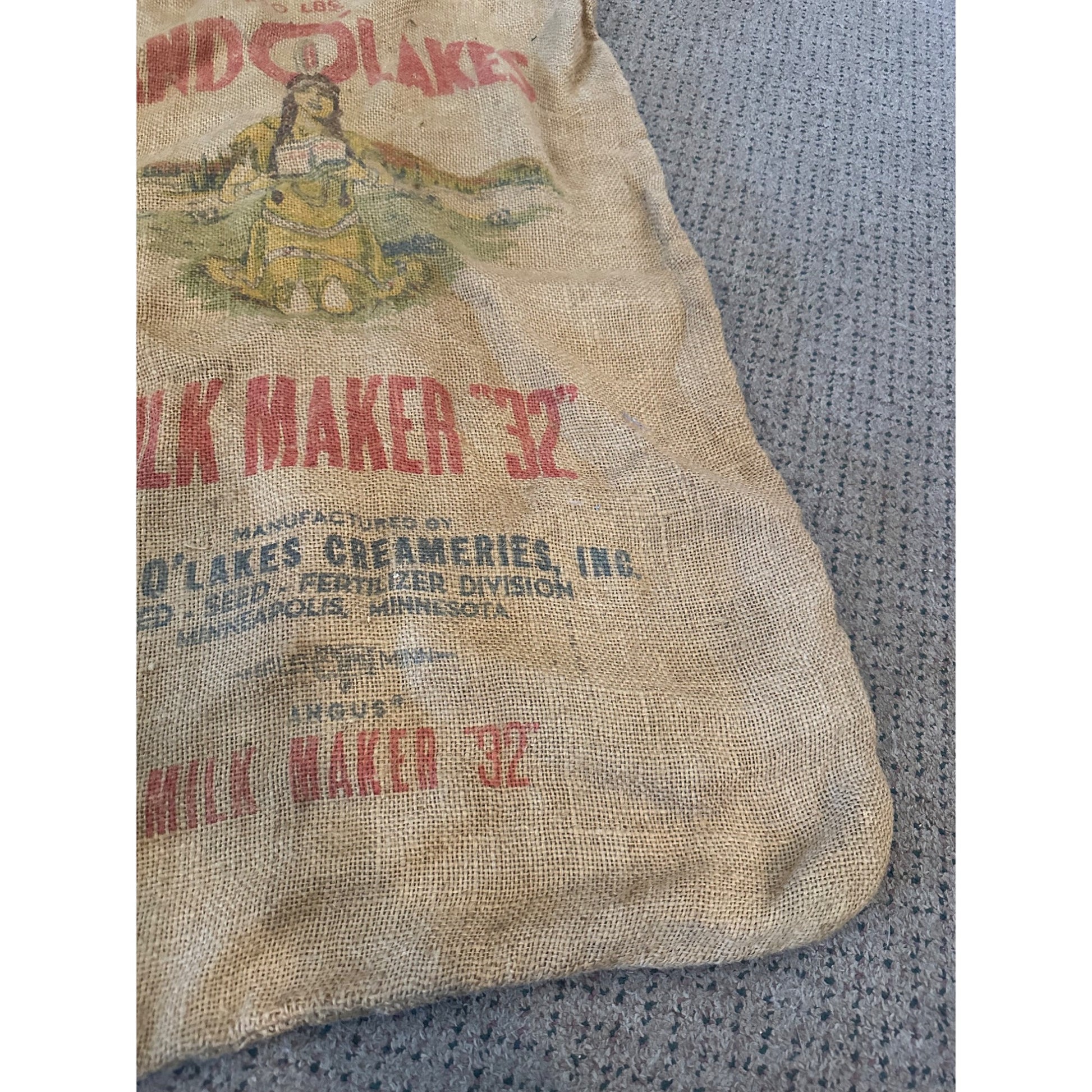 Vintage Land O Lakes Milk Maker Burlap Farm Feed Bag Sack Advertising Indian