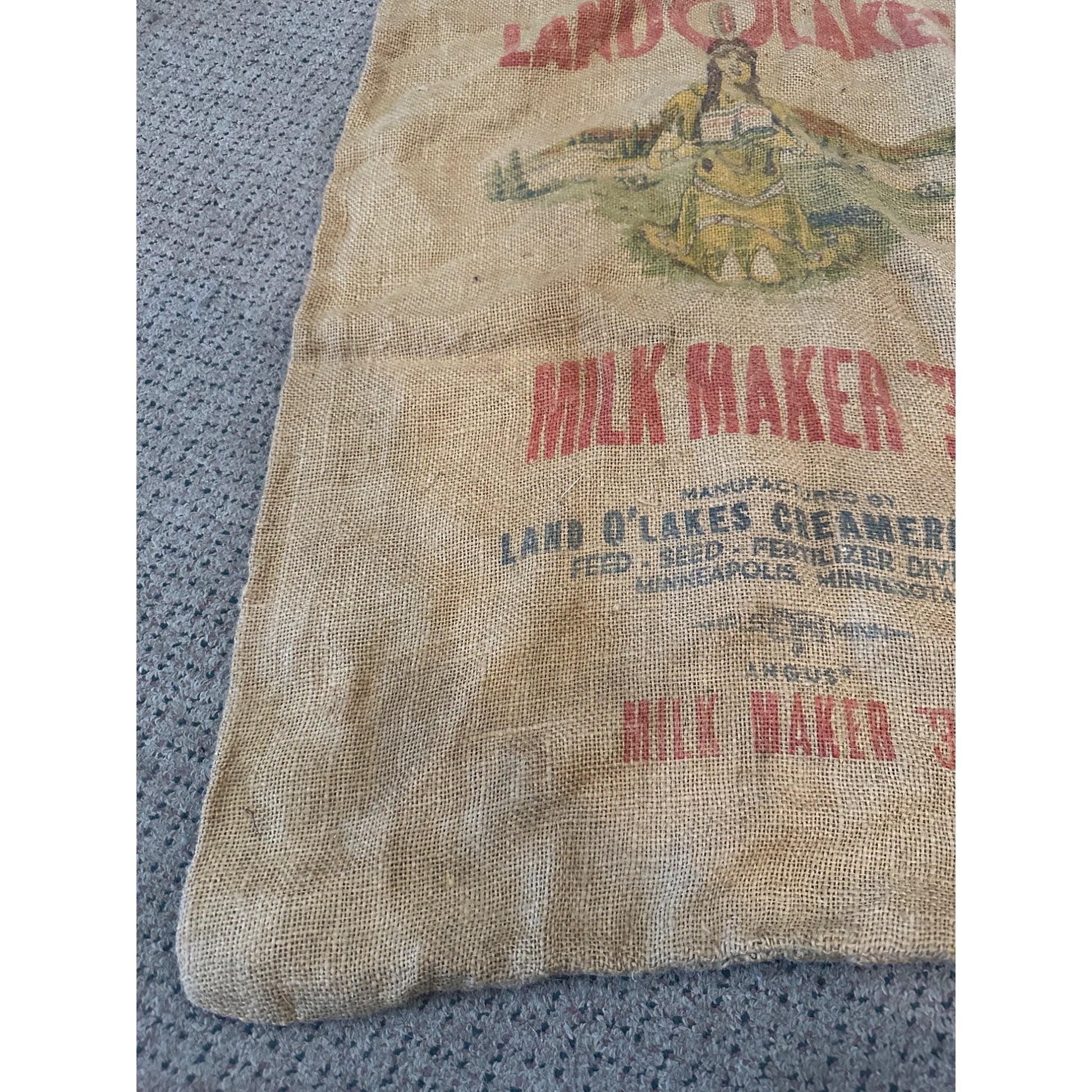 Vintage Land O Lakes Milk Maker Burlap Farm Feed Bag Sack Advertising Indian