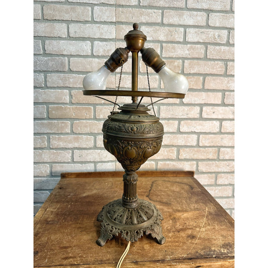 Antique Victorian 1800s Brass Pedestal Oil Lamp w/ Cast Base Ornate Electrified