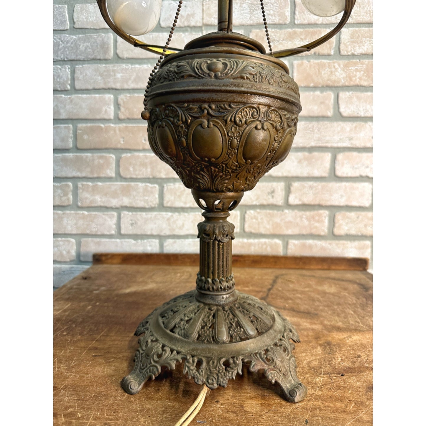 Antique Victorian 1800s Brass Pedestal Oil Lamp w/ Cast Base Ornate Electrified