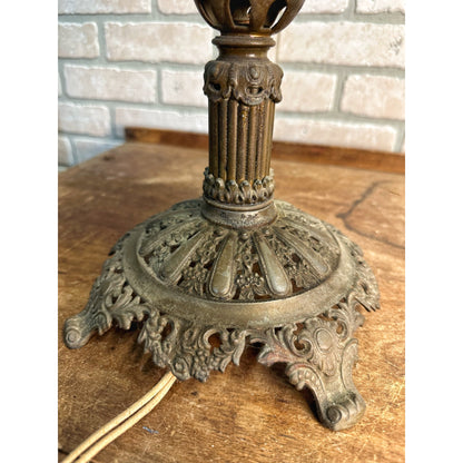 Antique Victorian 1800s Brass Pedestal Oil Lamp w/ Cast Base Ornate Electrified