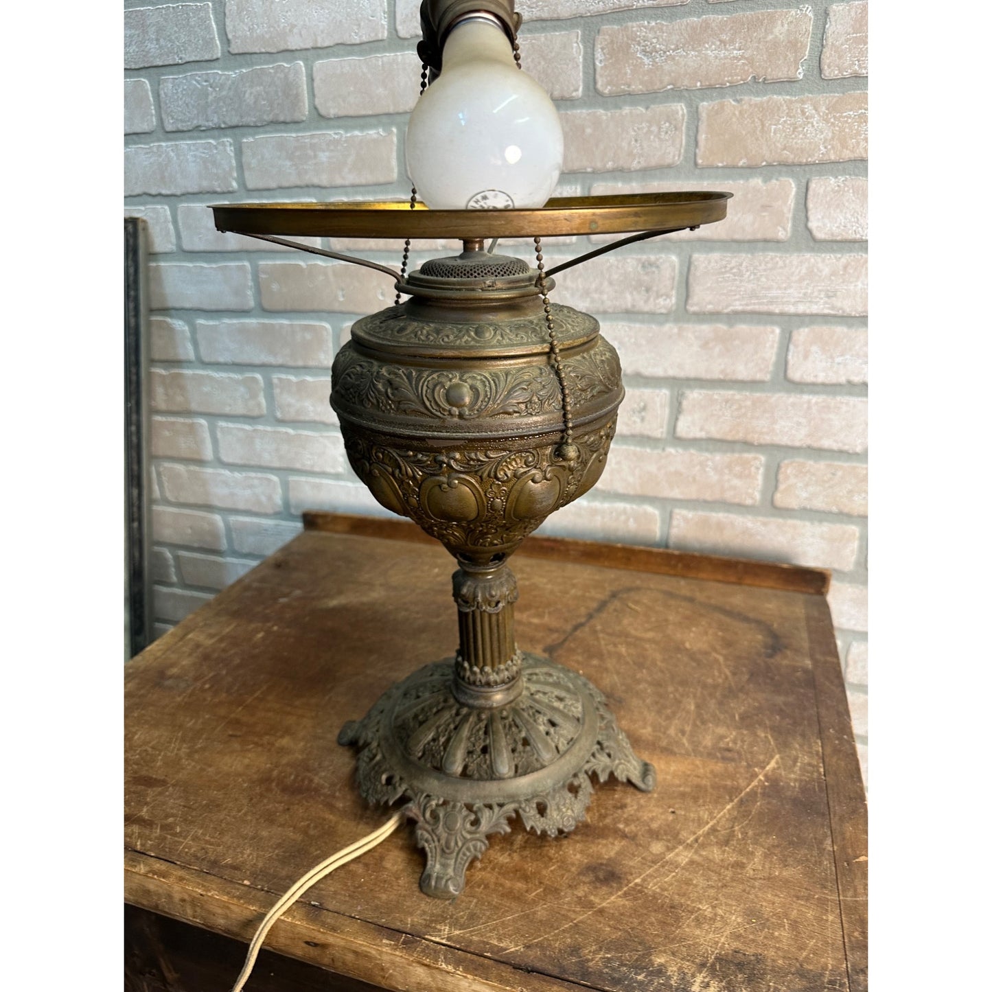 Antique Victorian 1800s Brass Pedestal Oil Lamp w/ Cast Base Ornate Electrified