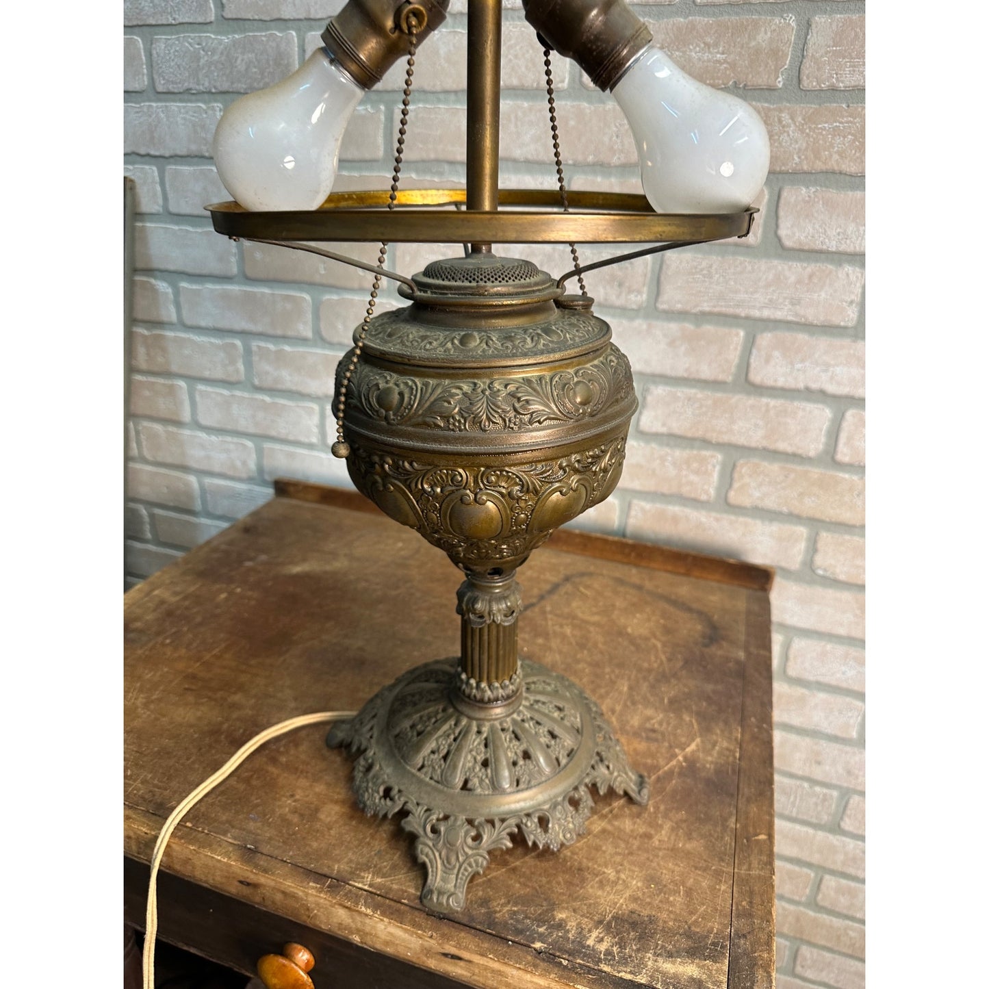 Antique Victorian 1800s Brass Pedestal Oil Lamp w/ Cast Base Ornate Electrified