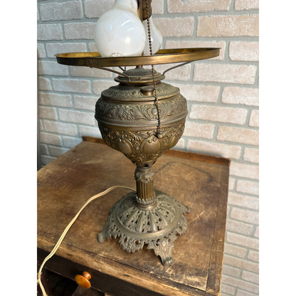 Antique Victorian 1800s Brass Pedestal Oil Lamp w/ Cast Base Ornate Electrified