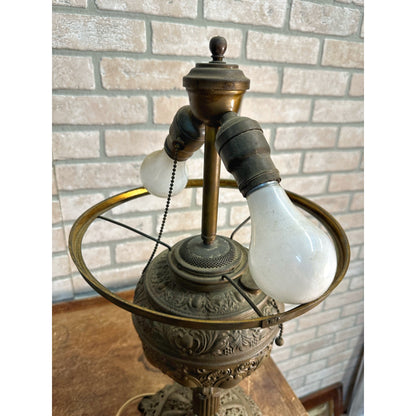 Antique Victorian 1800s Brass Pedestal Oil Lamp w/ Cast Base Ornate Electrified