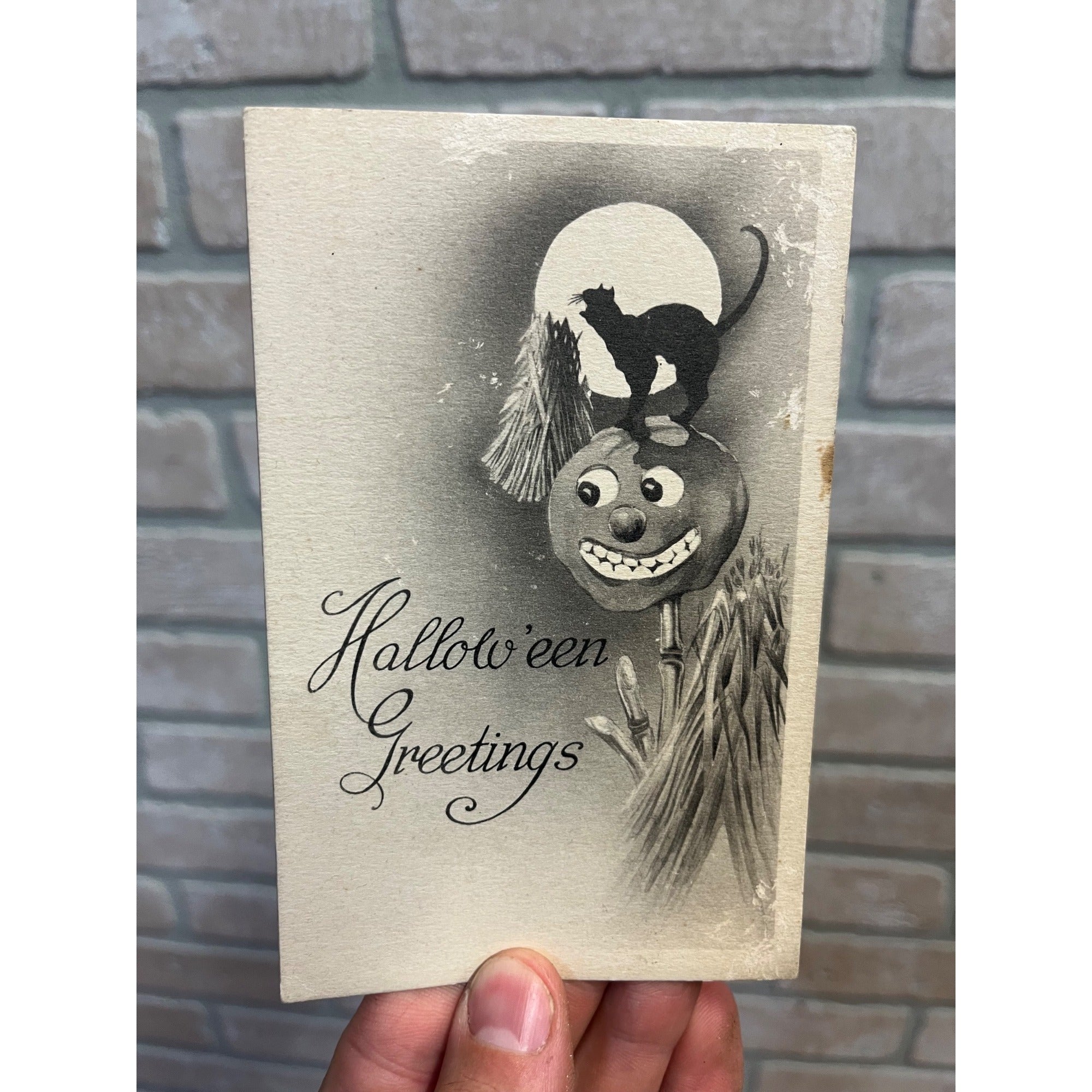 Antique 1908-1915 Halloween Greetings Postcard Gibson Art Co JOL Black Cat Moon