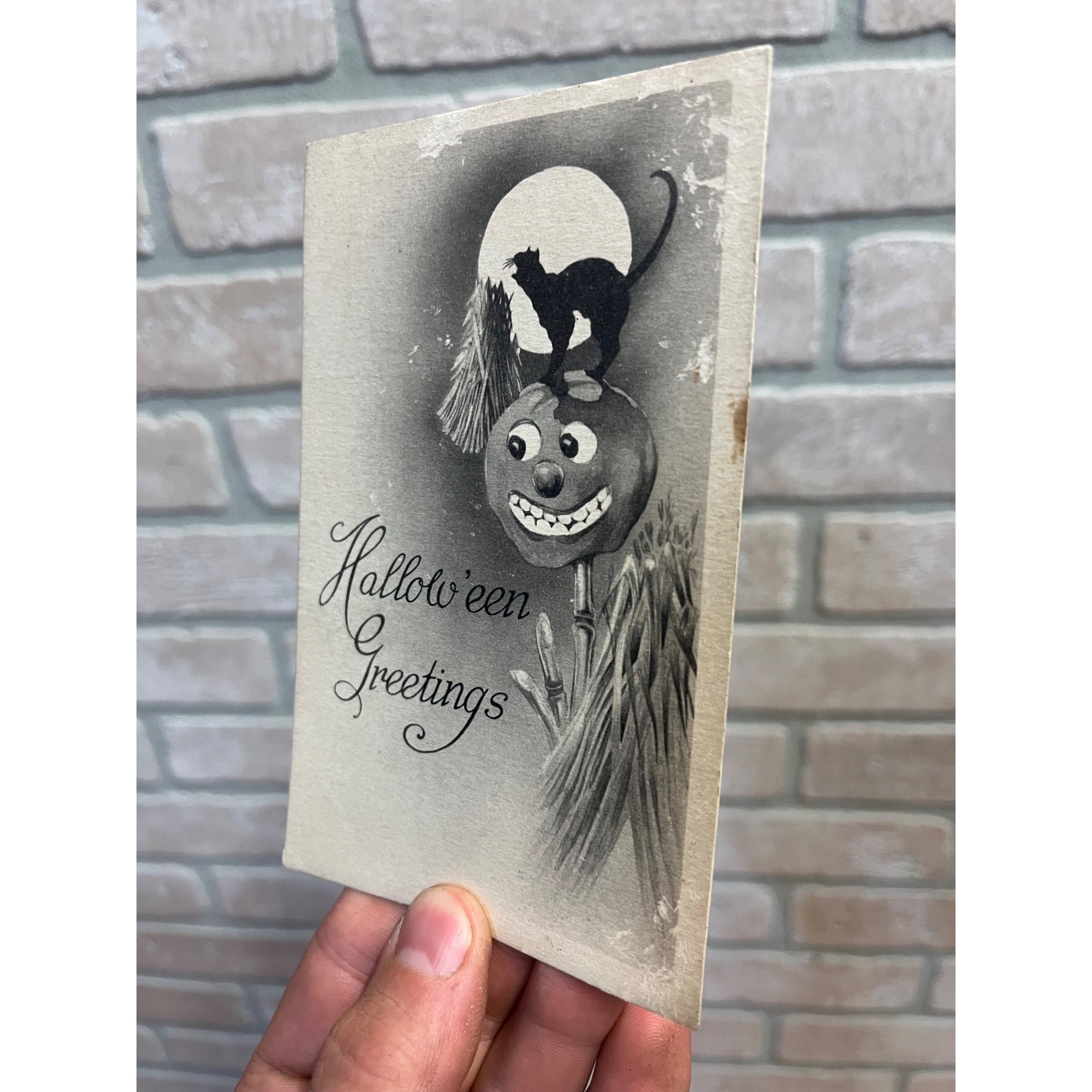 Antique 1908-1915 Halloween Greetings Postcard Gibson Art Co JOL Black Cat Moon