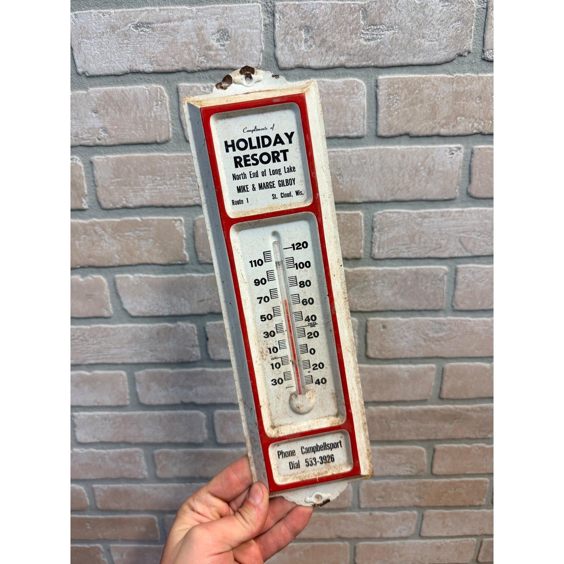 Vintage Holiday Resort Long Lake St Cloud  Gilboy Advertising Thermometer Campbellsport