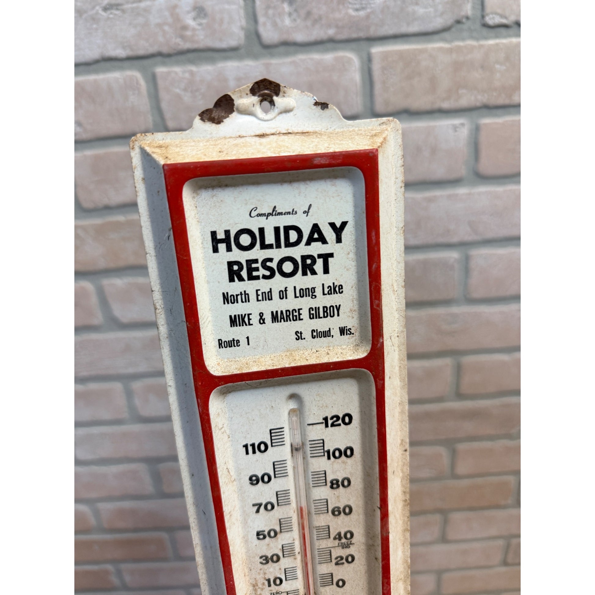 Vintage Holiday Resort Long Lake St Cloud  Gilboy Advertising Thermometer Campbellsport