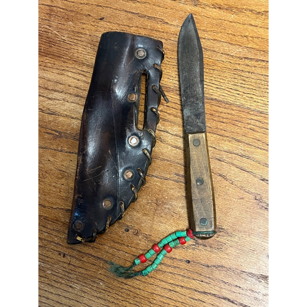 Vintage Fixed Hunting Camp Knife Wood Handle w/ Leather Sheath Beaded Native?