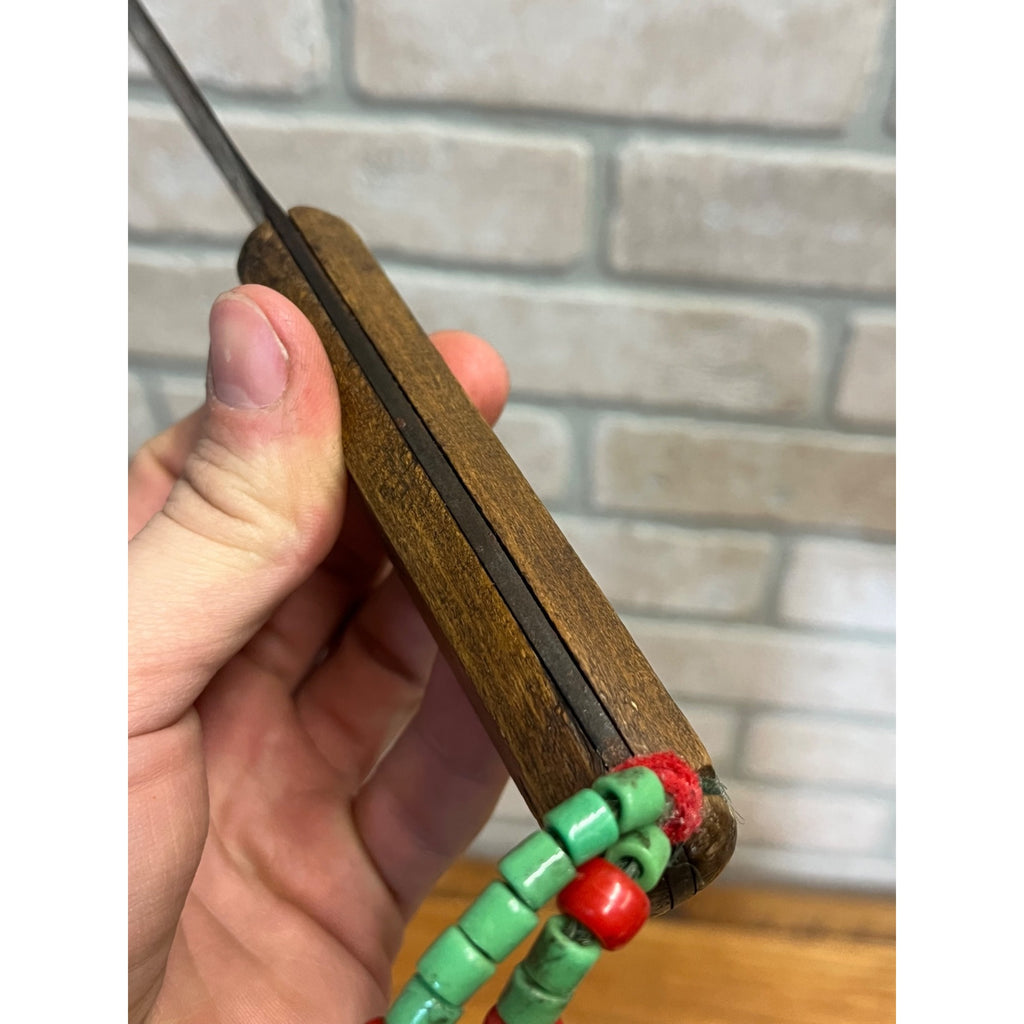 Vintage Fixed Hunting Camp Knife Wood Handle w/ Leather Sheath Beaded Native?