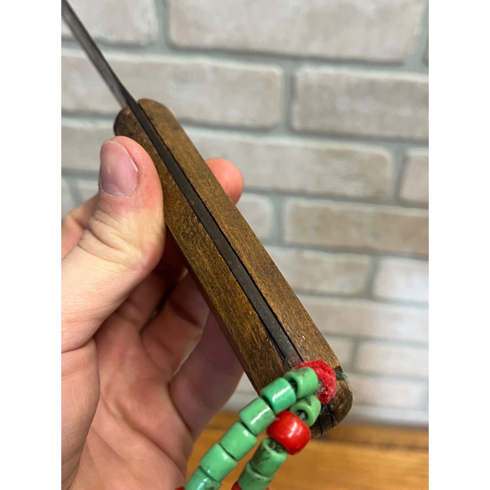 Vintage Fixed Hunting Camp Knife Wood Handle w/ Leather Sheath Beaded Native?