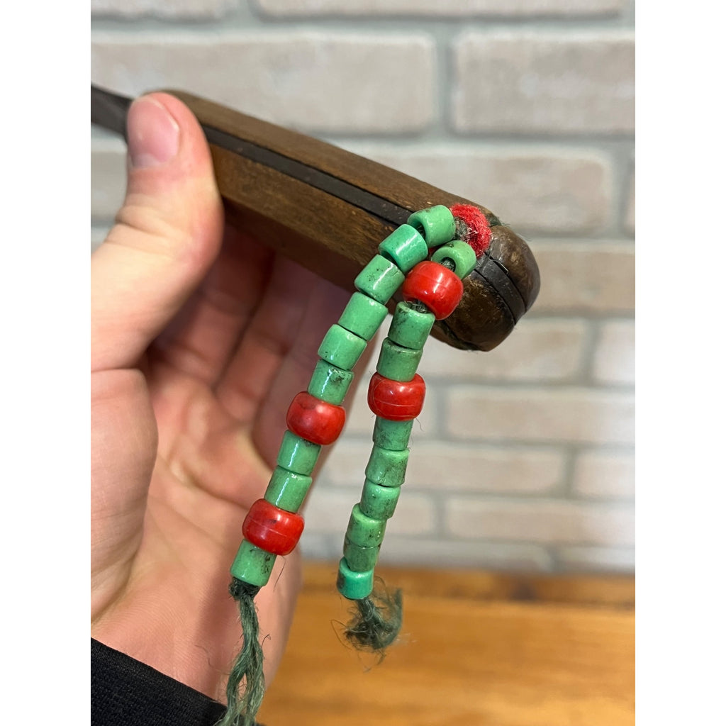 Vintage Fixed Hunting Camp Knife Wood Handle w/ Leather Sheath Beaded Native?