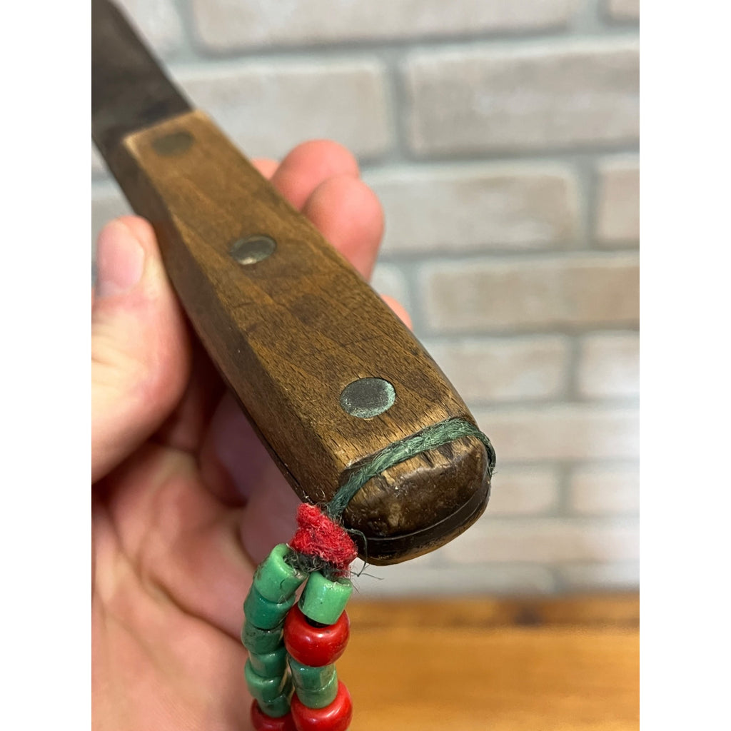 Vintage Fixed Hunting Camp Knife Wood Handle w/ Leather Sheath Beaded Native?