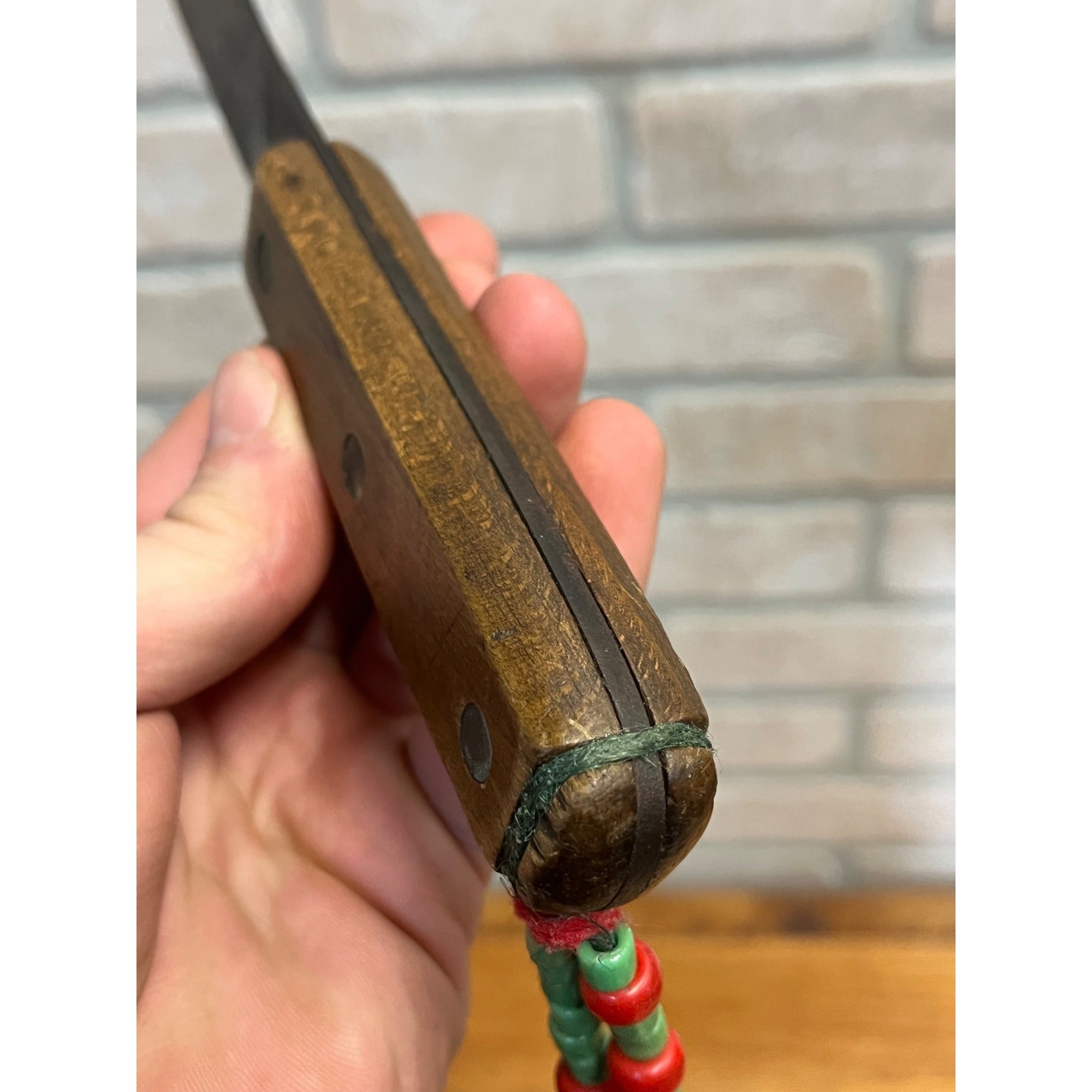 Vintage Fixed Hunting Camp Knife Wood Handle w/ Leather Sheath Beaded Native?