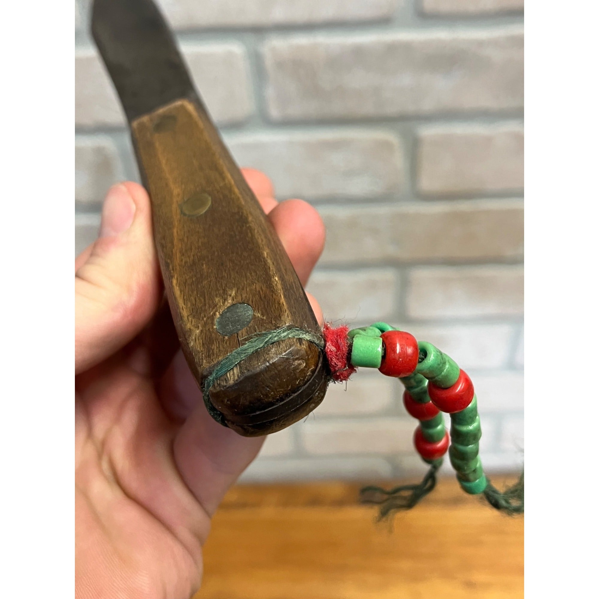 Vintage Fixed Hunting Camp Knife Wood Handle w/ Leather Sheath Beaded Native?