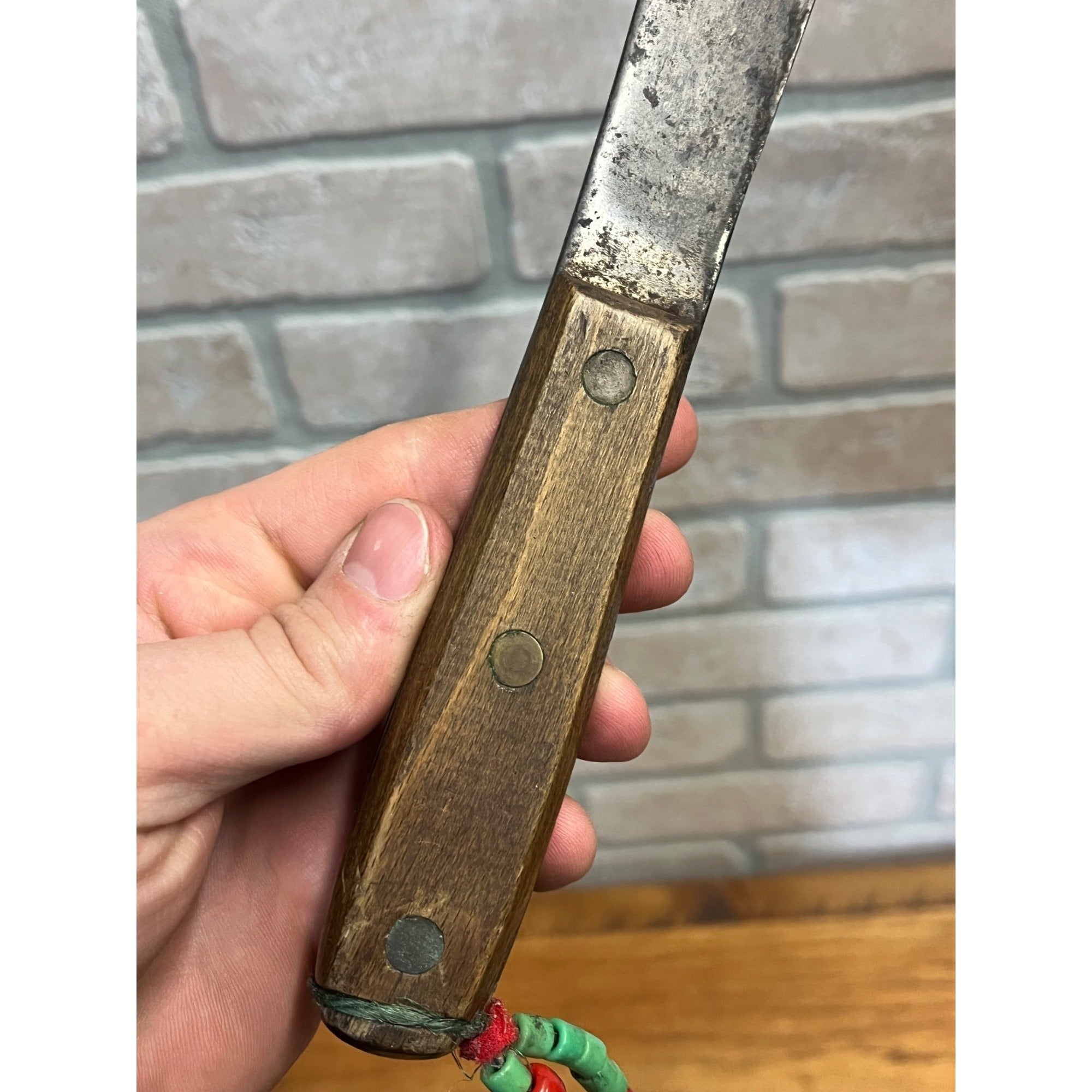 Vintage Fixed Hunting Camp Knife Wood Handle w/ Leather Sheath Beaded Native?