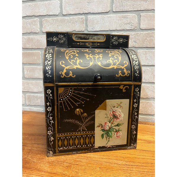 Vintage General Store Countertop Bin With Roll-Back Lid and Floral Filigree Decoration North Western Can Co. Chicago, Ill. Illinois