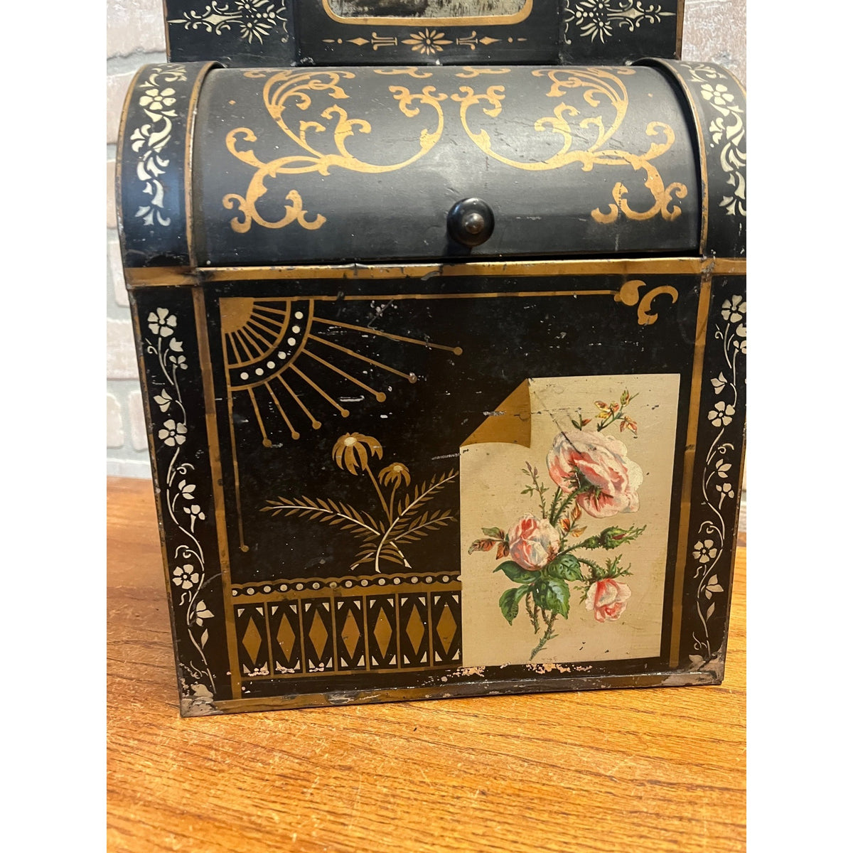 Vintage General Store Countertop Bin With Roll-Back Lid and Floral Filigree Decoration North Western Can Co. Chicago, Ill. Illinois