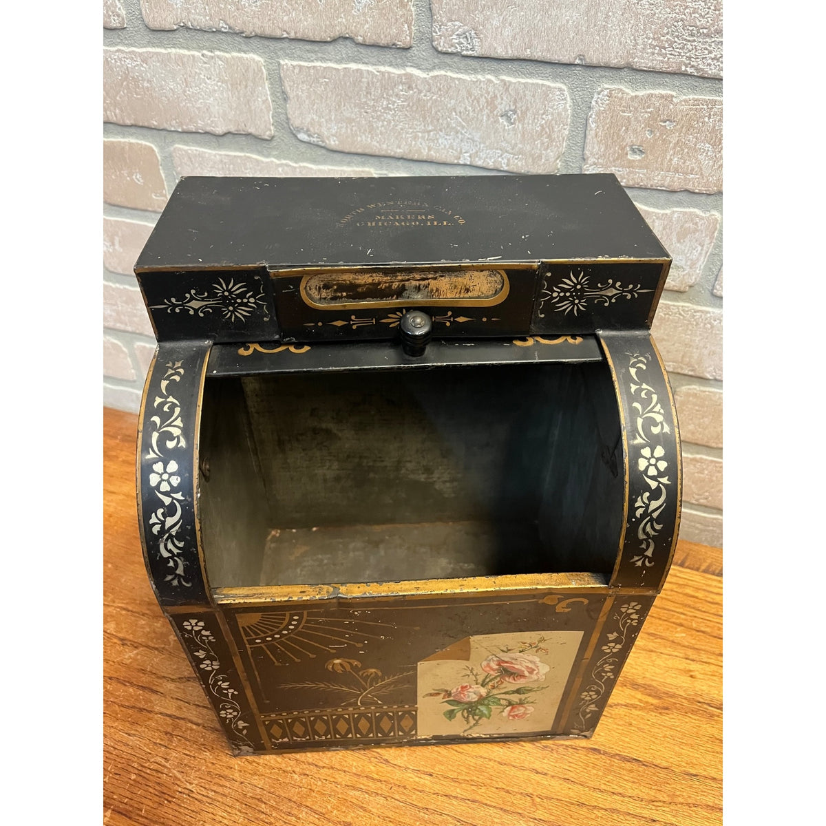 Vintage General Store Countertop Bin With Roll-Back Lid and Floral Filigree Decoration North Western Can Co. Chicago, Ill. Illinois